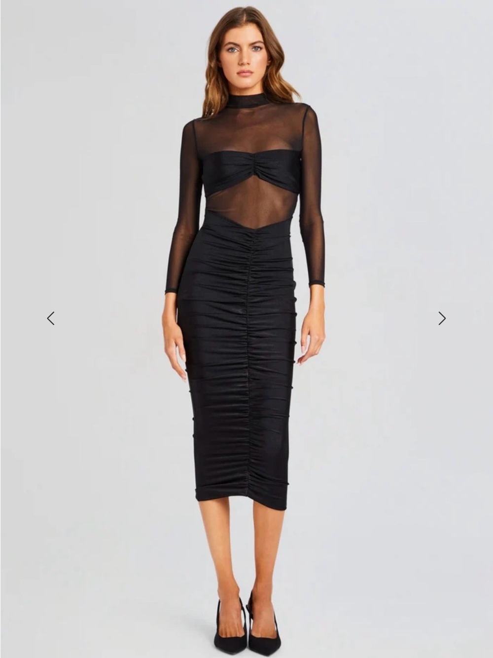Seroya Sheer Mesh Long Sleeve Ruched Midi Dress - Black Size L